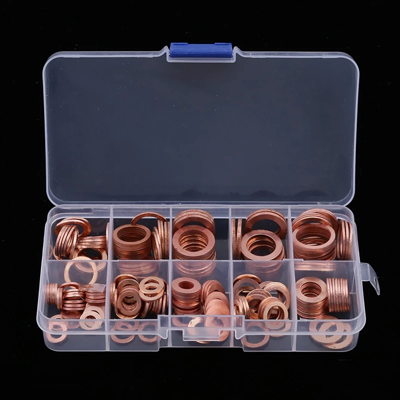 Top!-200Pcs Copper Washer Gasket Nut Bolt Set Flat Sealing O Ring Solid Gasket Assortment Kit Car Engine Oil Gasket Plug