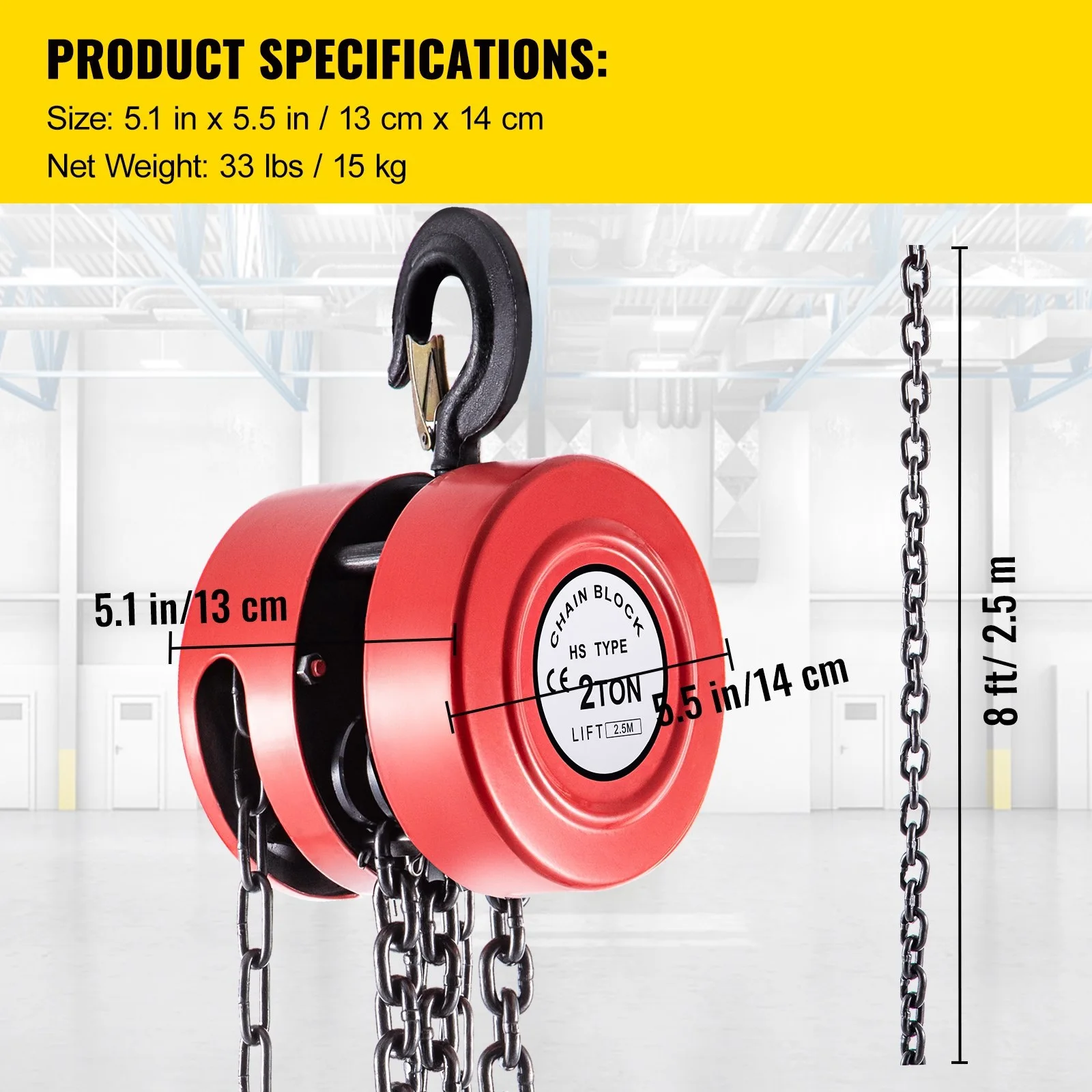 Hand Chain Hoist, 4400 lbs /2 Ton Capacity Chain Block 8ft/2.5m Lift Manual Industrial-Grade Steel Construction for Lifting Good