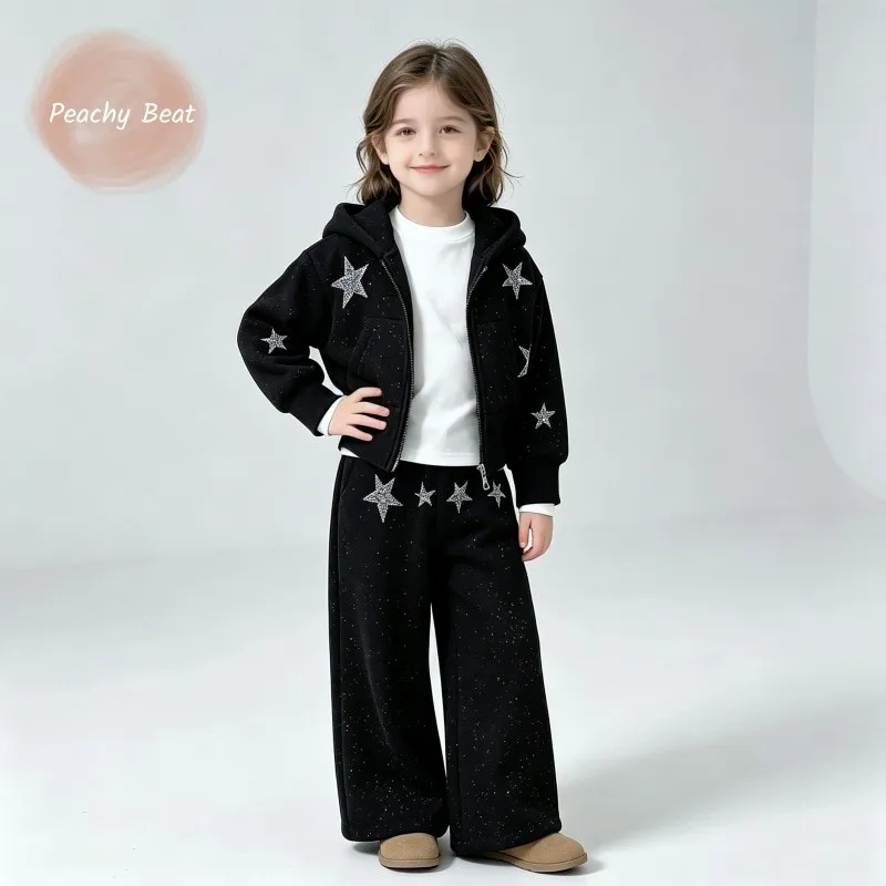 Fashion Baby Girl Thick Hooded Jacket+Pant 2pcs Toddler Teens Child Warm Tracksuit Shinning Star Clothes Set Baby Clothes 3-14Y