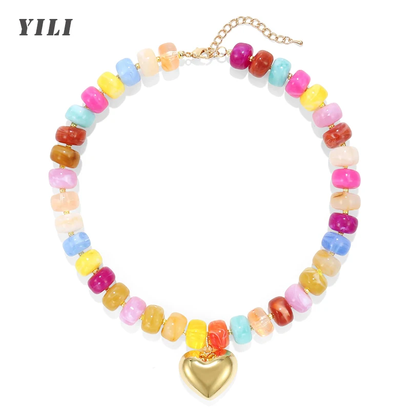

Chunky Heart Necklace for Women Colorful Acrylic Beaded Statement Heart Necklace Cute Boho Choker Necklace for Gift Jewelry