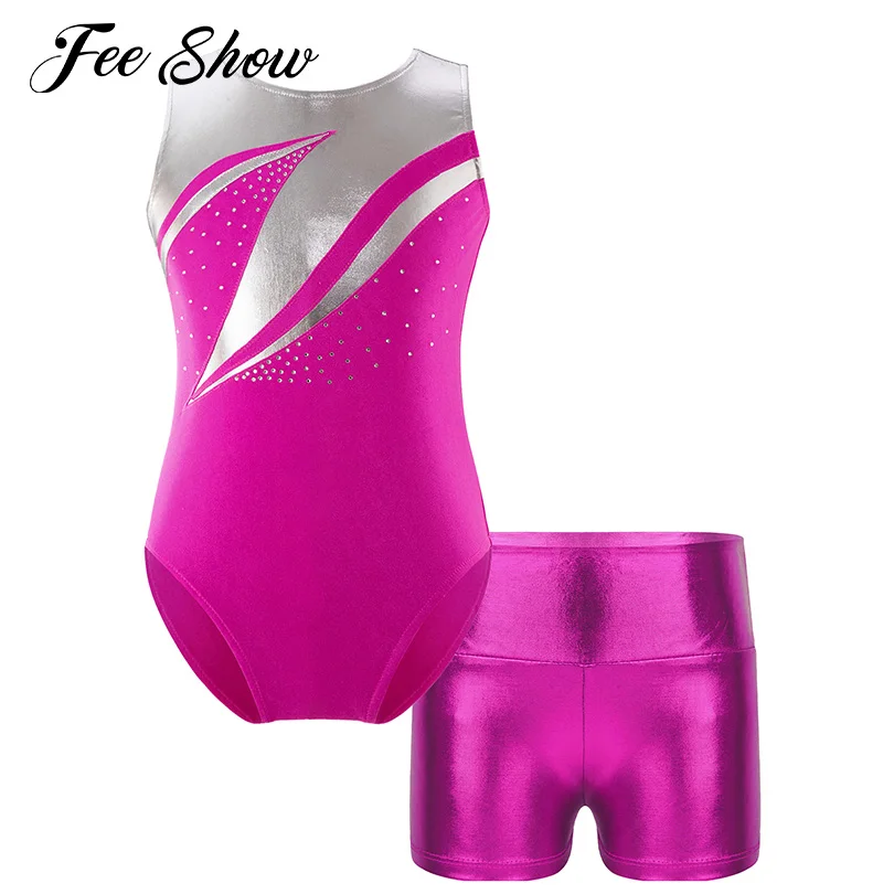 

Kids Girls Metallic Dance Leotard Sleeveless Slim Fit Stretchy Leotard with High Waist Shorts for Dance Sports Gymnastic Workout