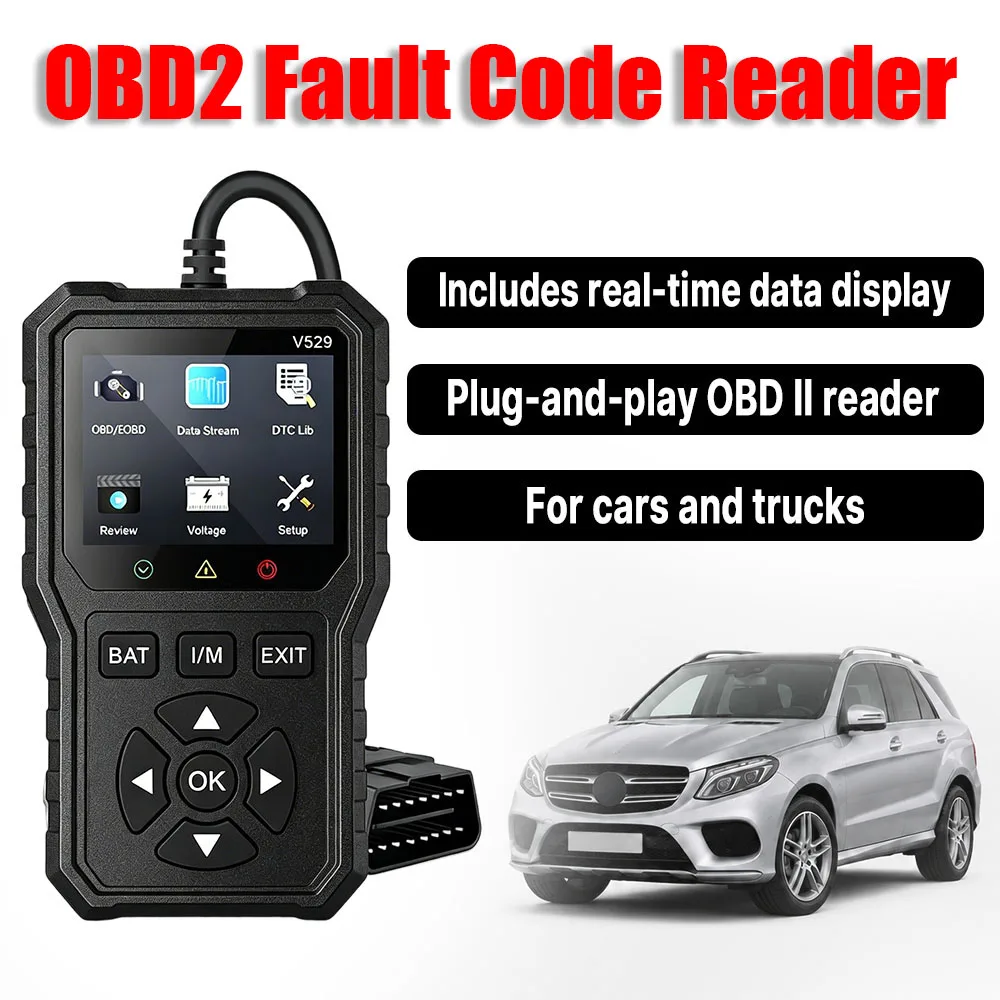 V529 Black Car Diagnostic Scanner Tool Automotive OBD2 Scanner for Engine Health Check with Color Screen 10 Languages Support