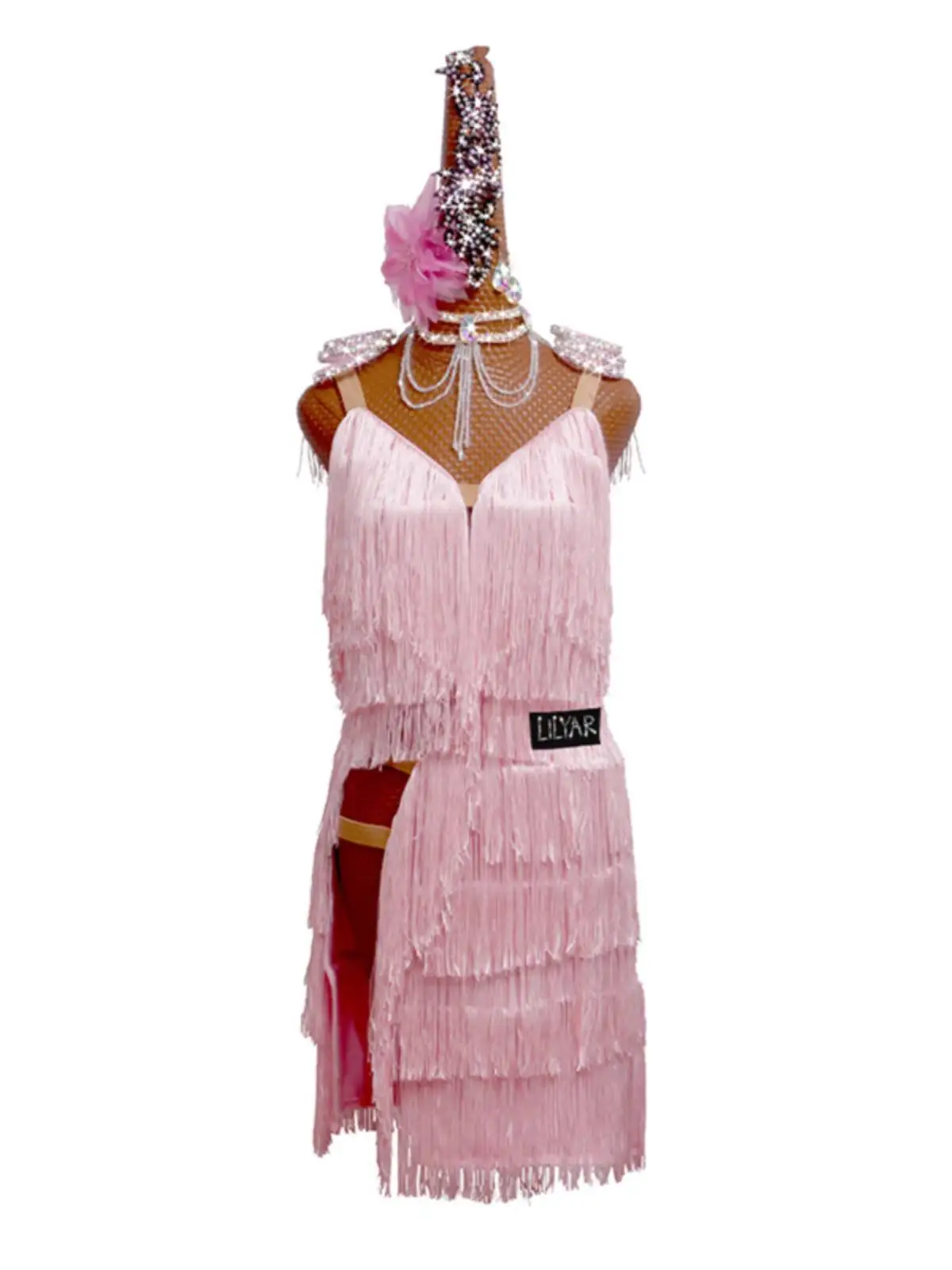 Nuovo abito da competizione di ballo latino con cintura, denim Cha Cha, danza stile nappa con spacco alto cavo rosa chiaro per bambini e adulti