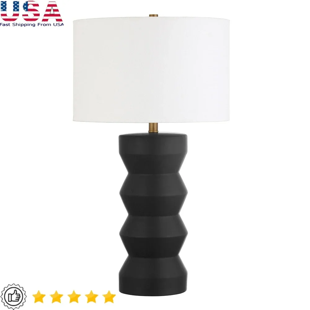 

27 Inch Tall Ceramic Table Lamp with Fabric Shade Durable Linen Drum Shade E26 Base Dimmable Lighting Living Room Bedroom Home