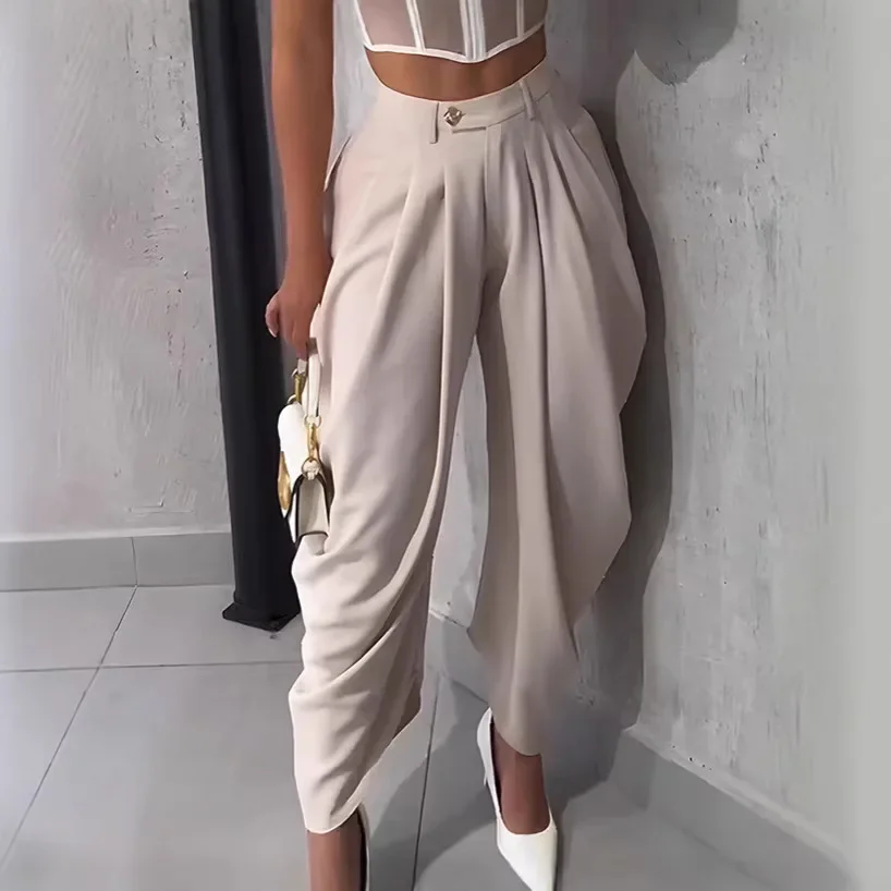2026 Trend Mid Waist Women's Cargo Harem Sweat Pants with Ruched Design Casual Street Style Trousers Office Ladies Work Trousers