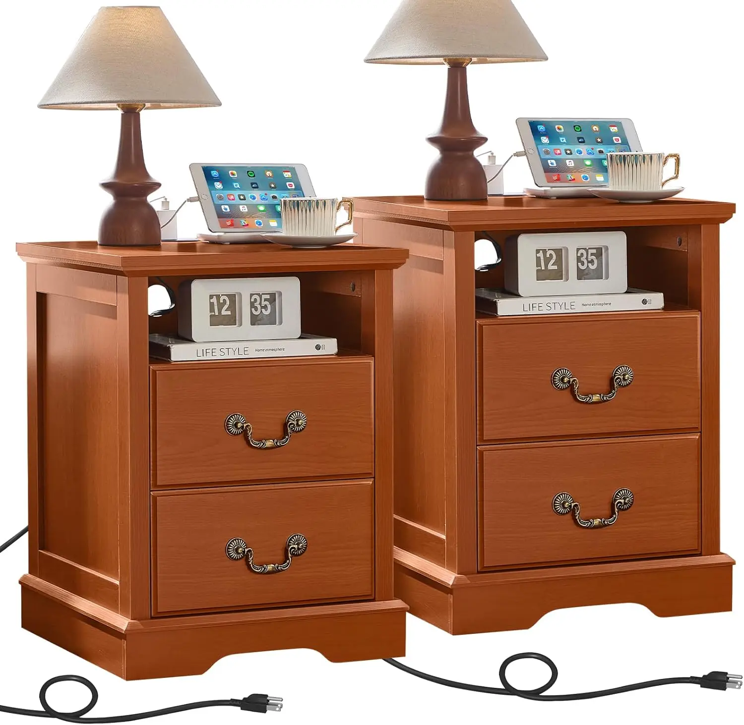 

18" Farmhouse Nightstand Set of 2 with Charging Station,Rustic Night Stand, 2 Drawers Bedside Table,End Tables Bedroom