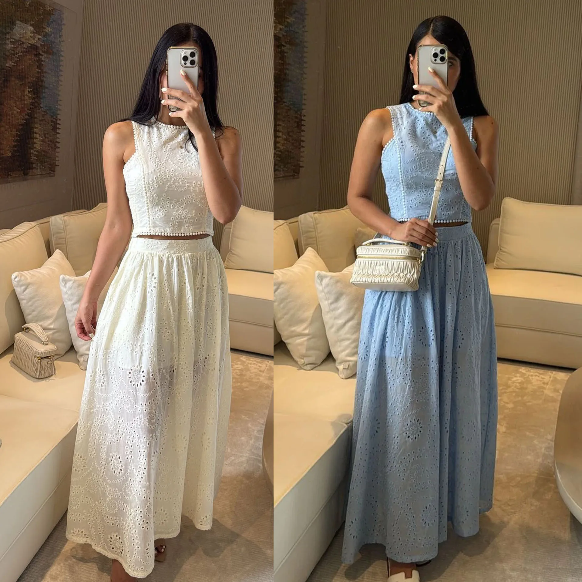 Women's Solid Color Skirt Two Piece Set Hollow Out Lace Edge Sleeveless Cropped Top A-line Skirts 2 Sets Comfortable Elegant