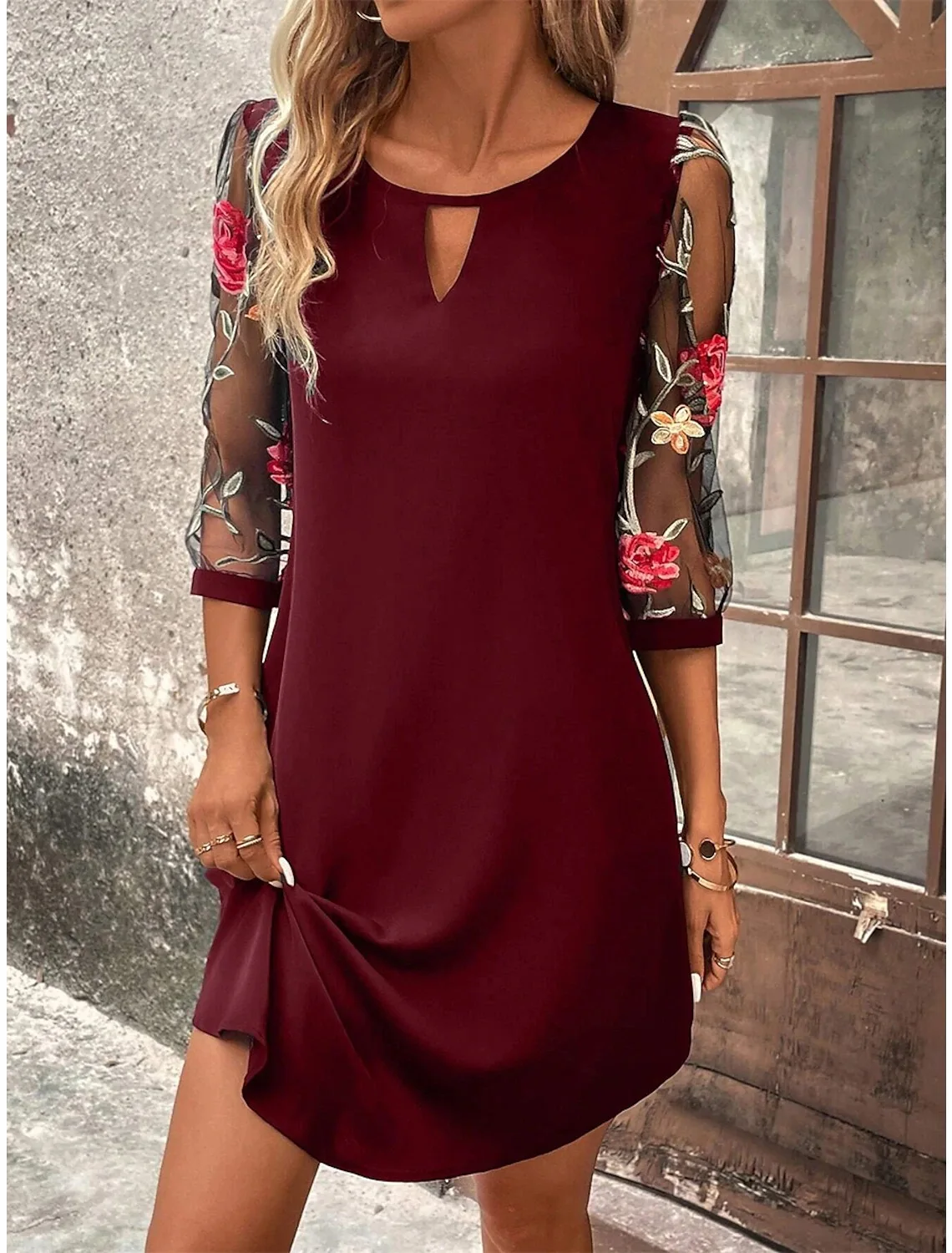Vestido Elegante Dama Summer Lace Splicing Dress Women's Elegant Beach Resort Three-quarter Sleeve Loose Round Neck Short Skirt