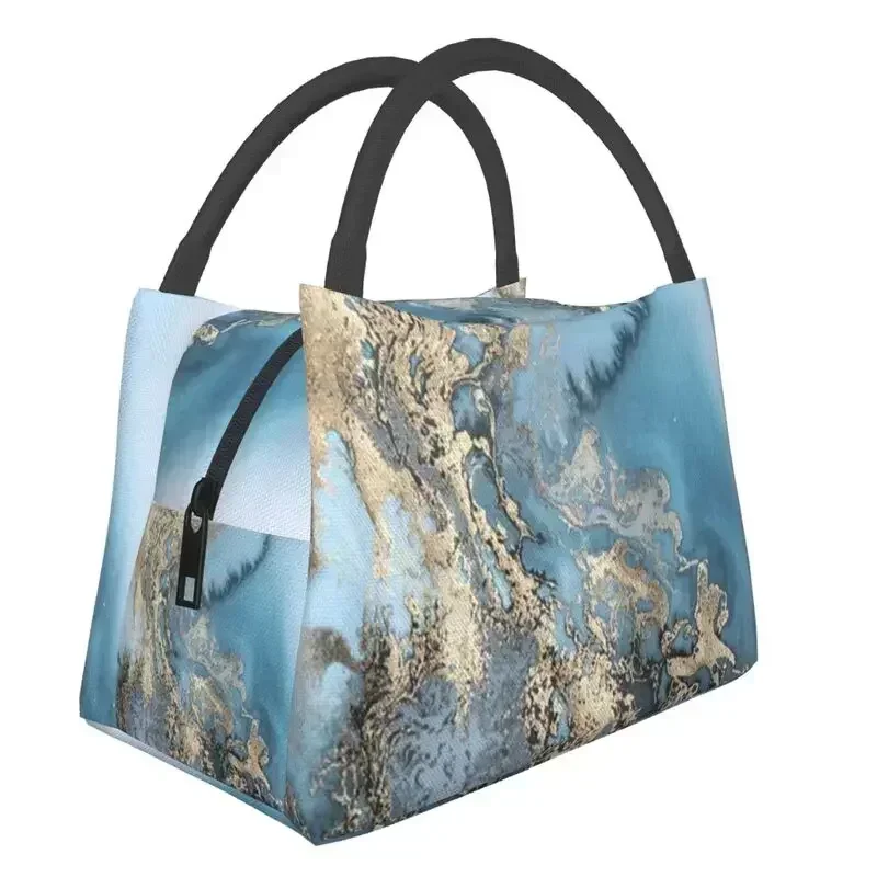 

Blue And Gold Marble Texture Portable Lunch Box for Women Waterproof Geometric Abstract Pattern Cooler Thermal Food Lunch Bag