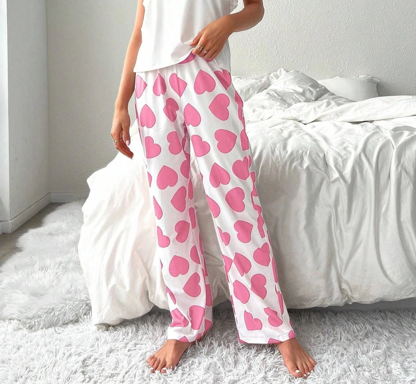 Pink Heart-shaped Pattern Print Women Long Trousers Summer Comfortable Lounge Pants Straight-leg Pants Streetwear Sports Pants