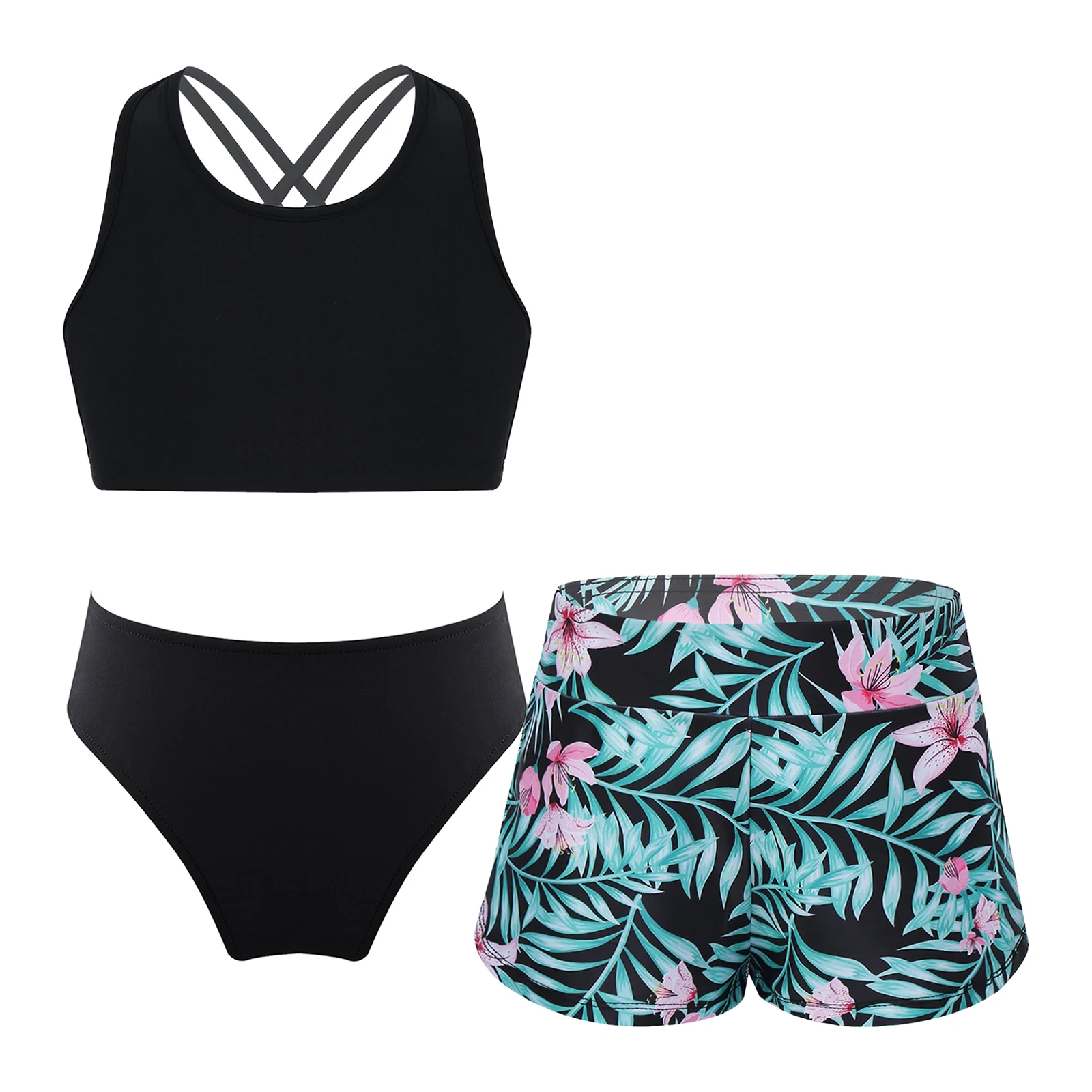 

3Pcs Kids Girls Swimwear Set Sleeveless Round Neck Strappy Back Crop Top with Printed Shorts And Briefs Set for Swimming Bathing