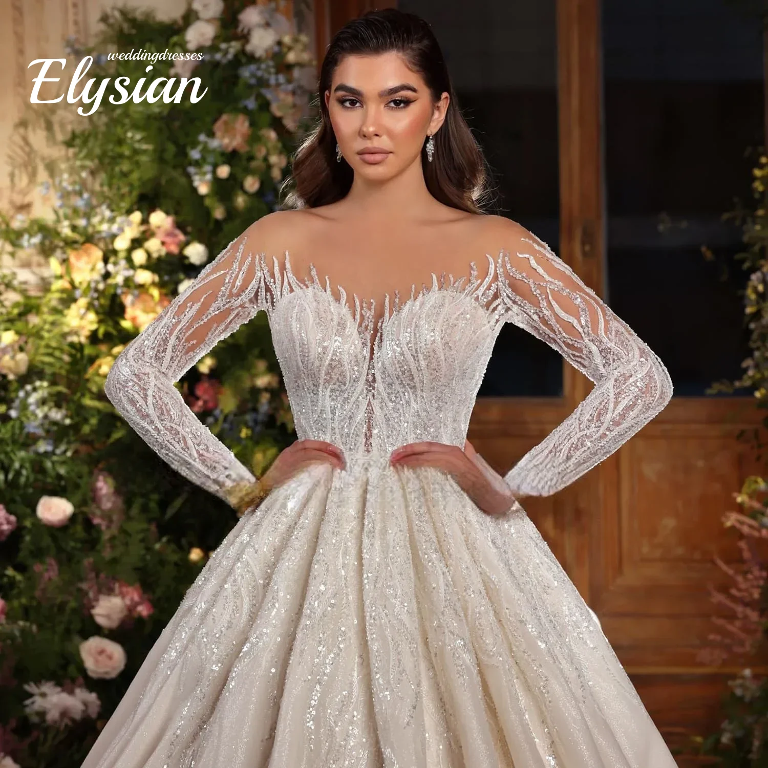 Customized Robe De Mariee Long Sleeve Ball Gown Wedding Dresses O-Neck Glitter  Illusion Back Vintage Vestido De Noiva