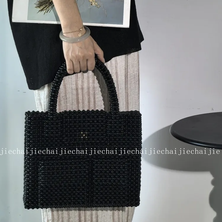 

ins woven bead top-handle bags flip lock handmade designer bags luxury big tote handbag fashion ladies hand bag