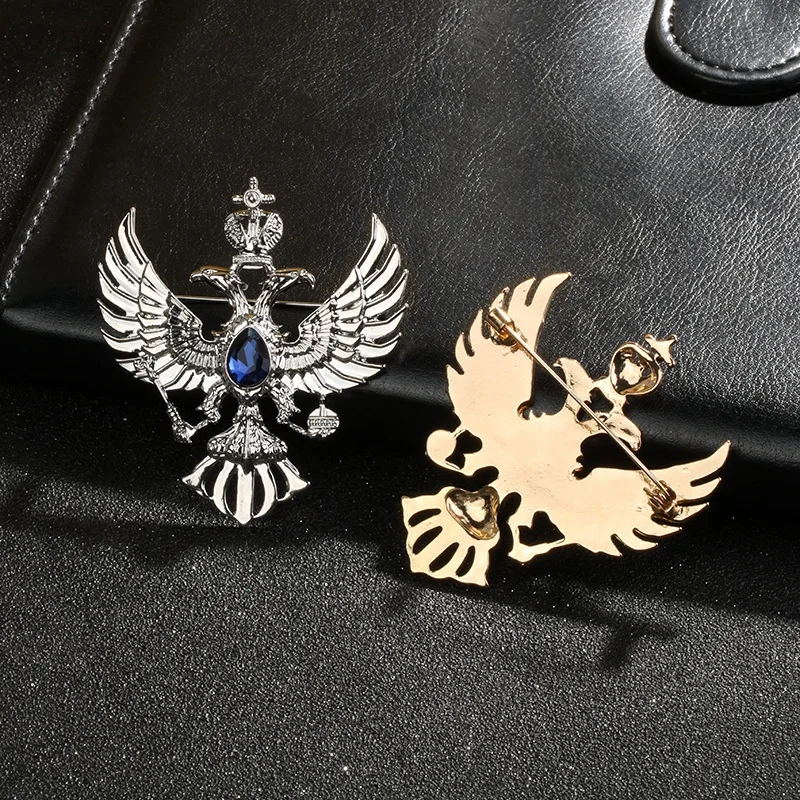 1Pc Retro Double Headed Eagle Russian Emblem Brooch Antique Gold Crystal Lapel Pin for Women Men