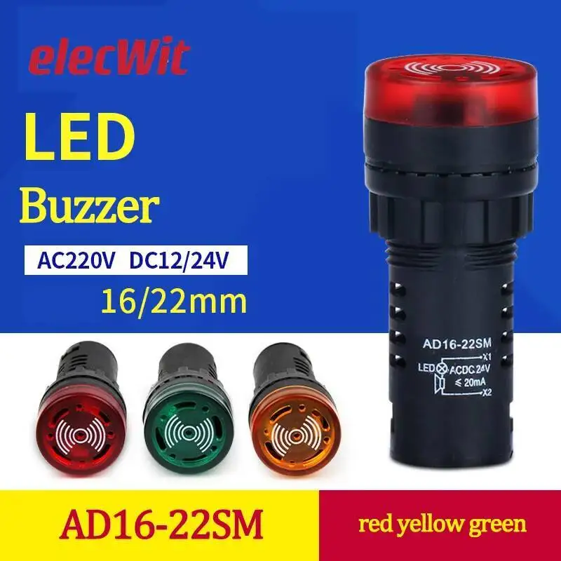 10 szt. AD16-16SM 16mm 22mm brzęczyk AC DC12V 380V Światło sygnałowe błyskowe Czerwona dioda LED Aktywny brzęczyk Dźwięk Czerwony Zielony Żółty Sygnalizator alarmowy