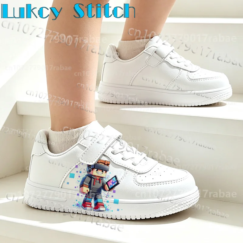 Boys White Sneakers Pixel Block Cartoon Character Print Children Board Shoes Breathable Casual Soft Sports Walk Footwear