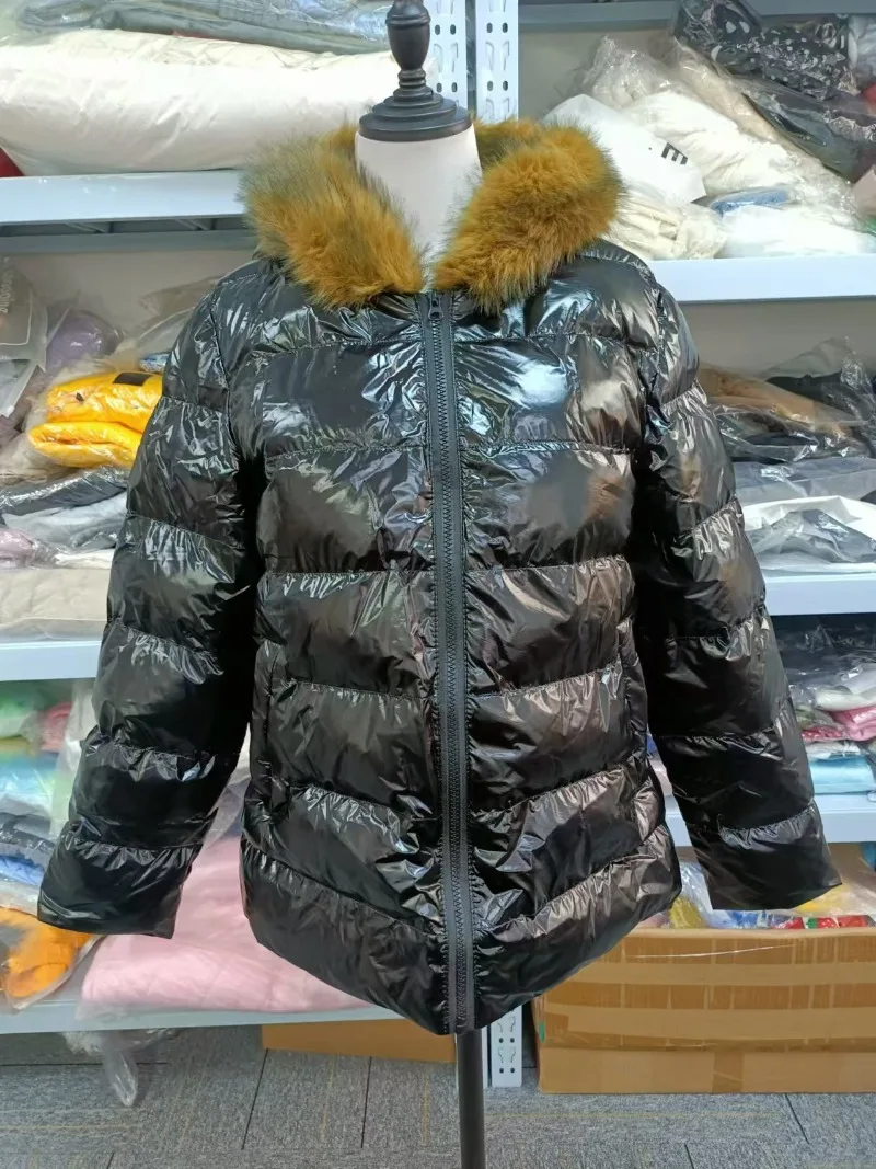 Women's Winter New Fashion Casual Slim Cotton Jacket Faux Fur Collar and Hooded Hooded Warm Jacket Coat Pu Leather Zipper