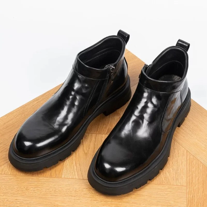 Autumn Winter New Leather Boots Men's Velvet Warm Chelsea Ankle Boots Zipper Anti-slip Thick Bottom Big Head Shoes