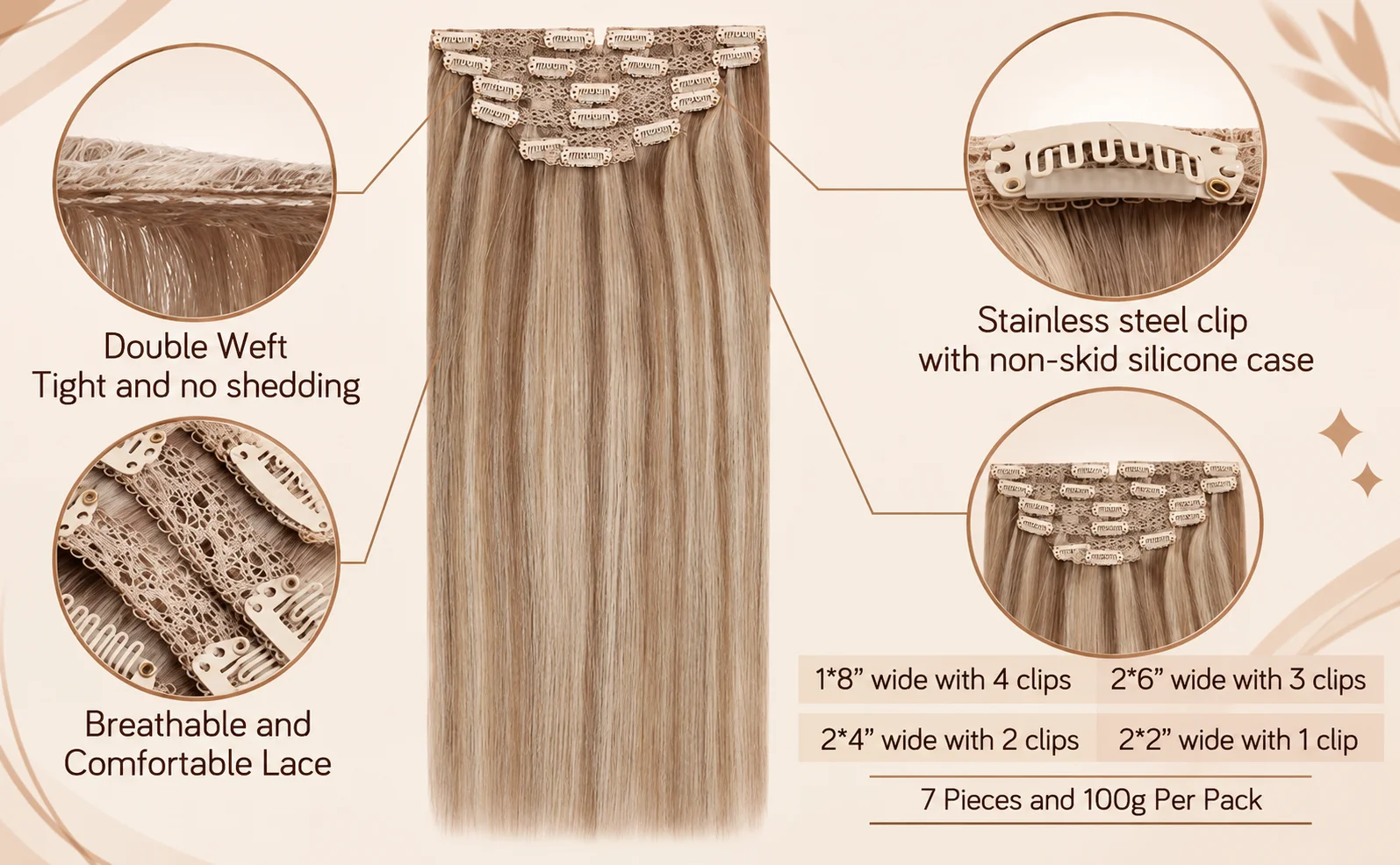 VeSunny Clip-in-Haarverlängerungen, Echthaar, blonde Clip-in-Haarverlängerungen # 16/22 Echte Perücke mit doppeltem Schuss, seidig gerade – Detail 5