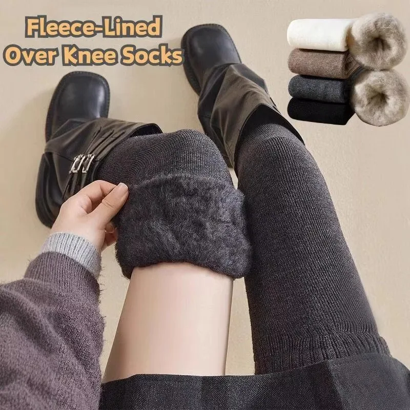 1 Pair Velvet Over Knee Long Socks for Autumn and Winter Thick Warm High Socks with Looped Cuffs Thigh Socks That Look Slimmer