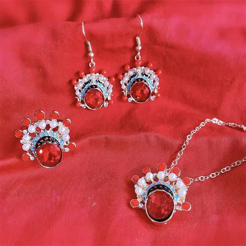 New Forbidden City Chinese Style Fashionable Face Earrings Necklace Ring Opera Hua Dan Bride Peking Opera Earrings Jewelry Sets