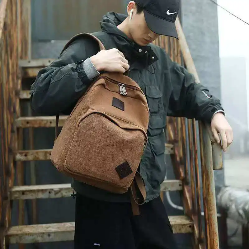 Mochila masculina casual lona bolsa de ombro duplo moda retro mochila computador saco de viagem