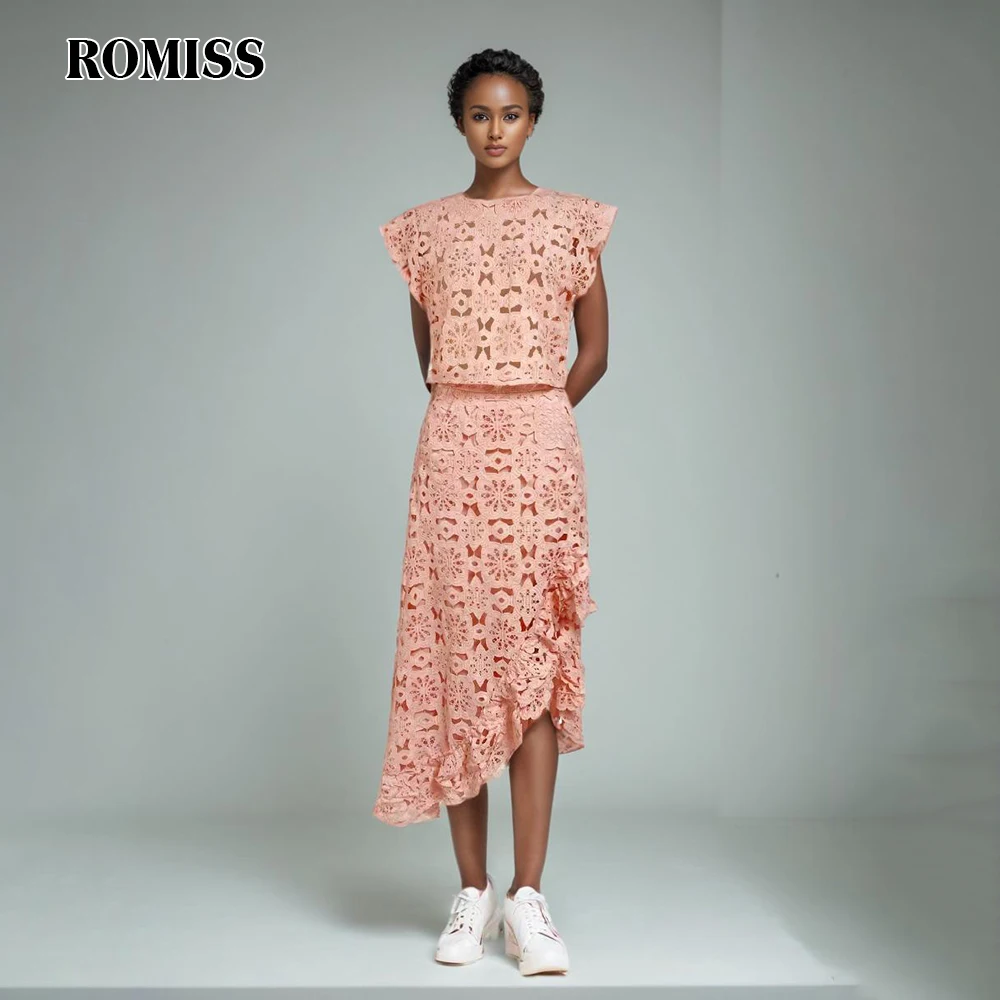 

ROMISS Hollow Out Solid Two Piece Sets For Women O Neck Sleeveless Tops High Waist Patchwork Ruffles Skirt Summer Set Female