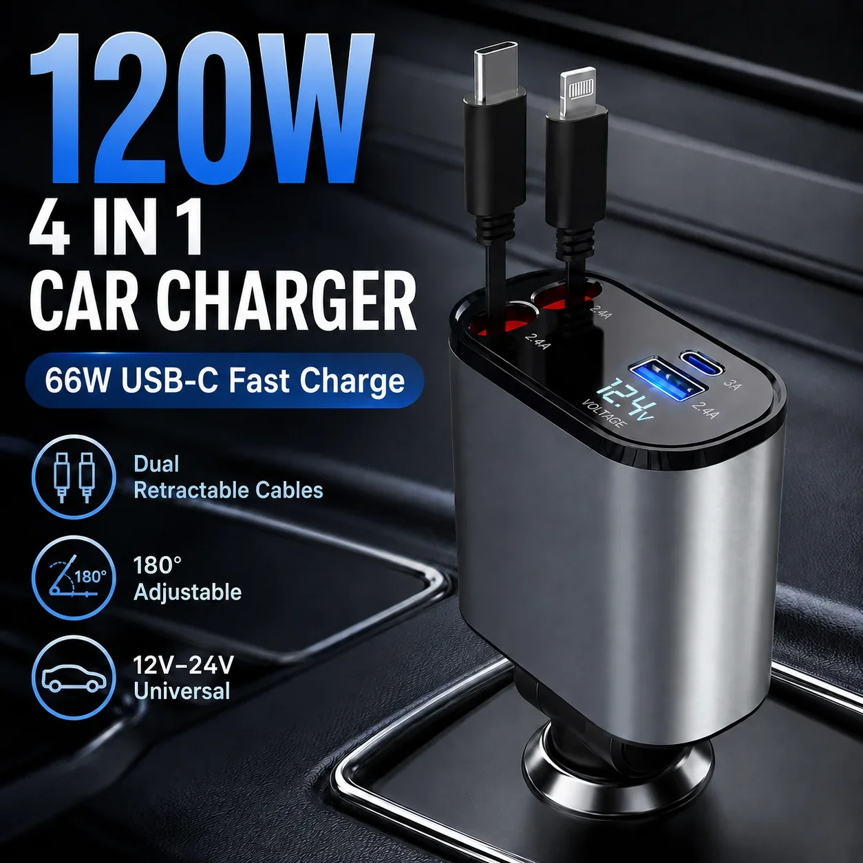 120W 4 in 1 Retractable Car Charger 66W USB C Fast Charger Dual Cable Lightning USB A USB C Voltage Display 12V 24V