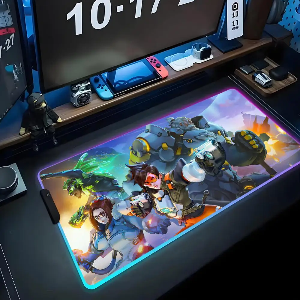 

Коврик для мыши Game Overwatch 2, игровой коврик для мыши RGB, большой светодиодный коврик для ПК, настольный коврик, светящийся коврик для мыши, большие коврики для клавиатуры, настольный коврик с