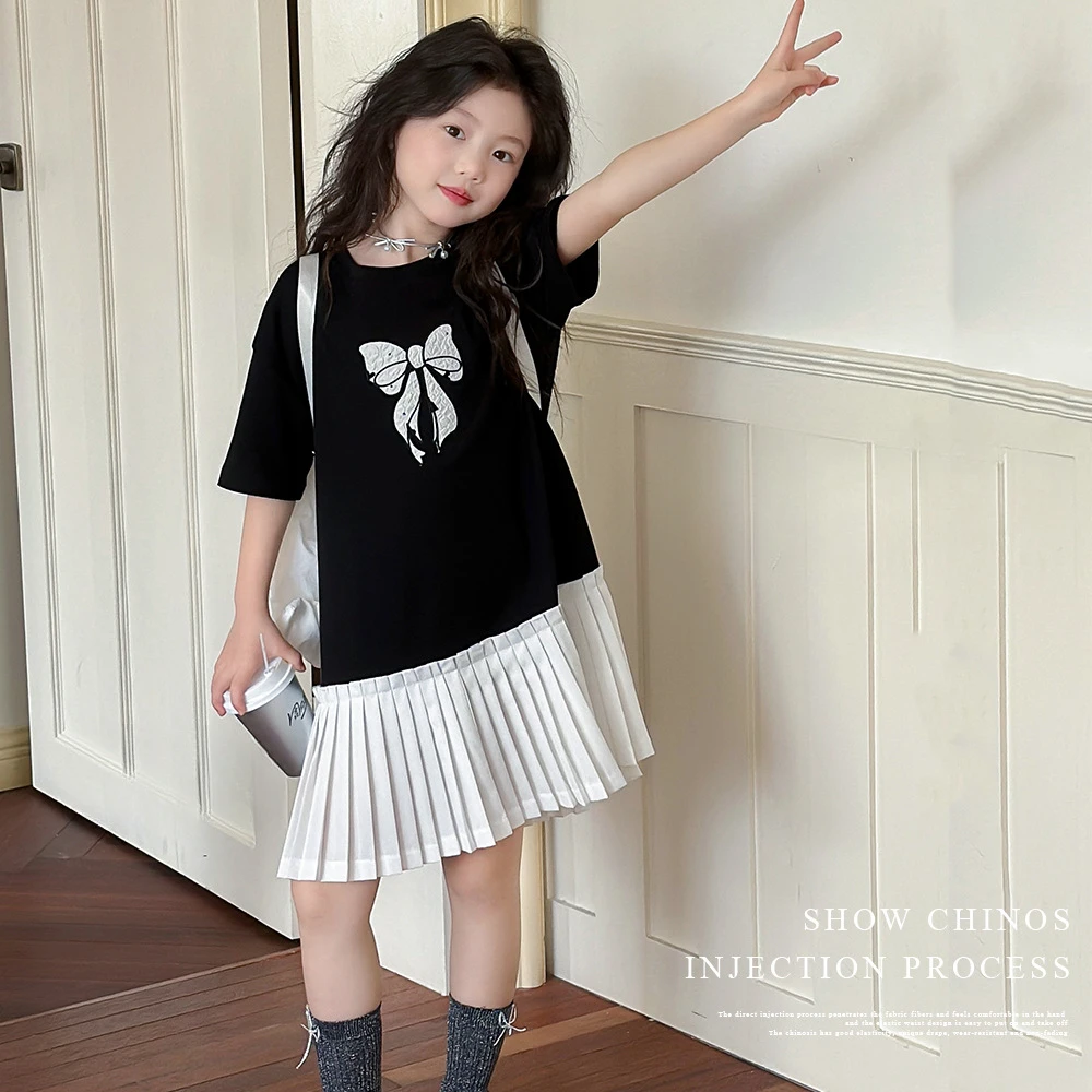 

Splicing Dress Summer New Korean Fashion Buttful-knot Cute Casual Loose Splicing Princess Dress Kids Clothes