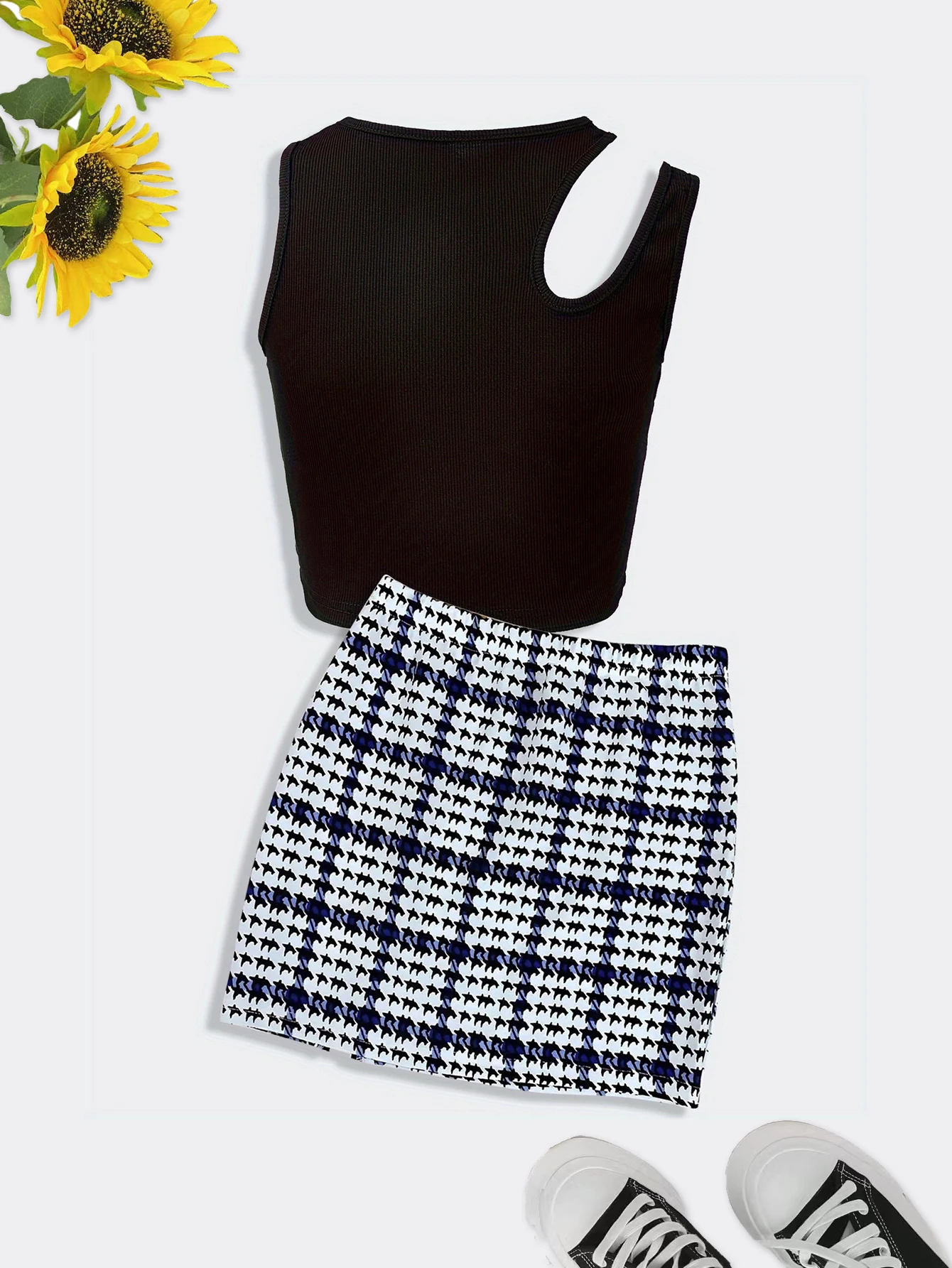 2 Piece Summer Matching Outfits Women Cutout Ribbed Crop Tank Top + Houndstooth Split Mini Skirt Casual Y2K Two Piece Set