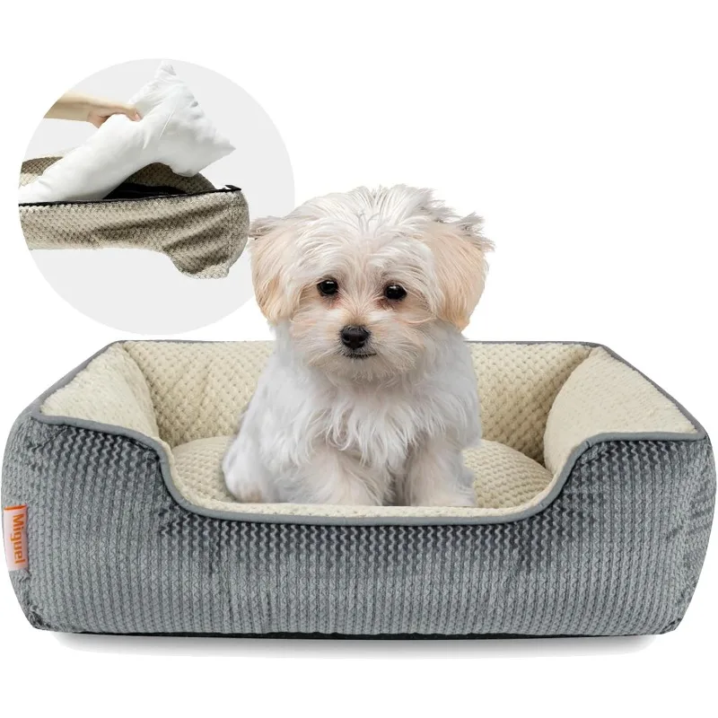 Medium Small Dog Bed with Washable Removable Cover - Rectangle Pet Bed for Indoor Cats with Bolster Soft Cuddle Bed