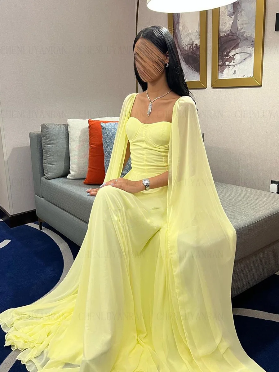 Yellow Chiffon Formal Occasion Dresses 2023 Long Sleeves A-line Ball Gowns Sweetheart Simple Evening Party Gowns فساتين الحفلات