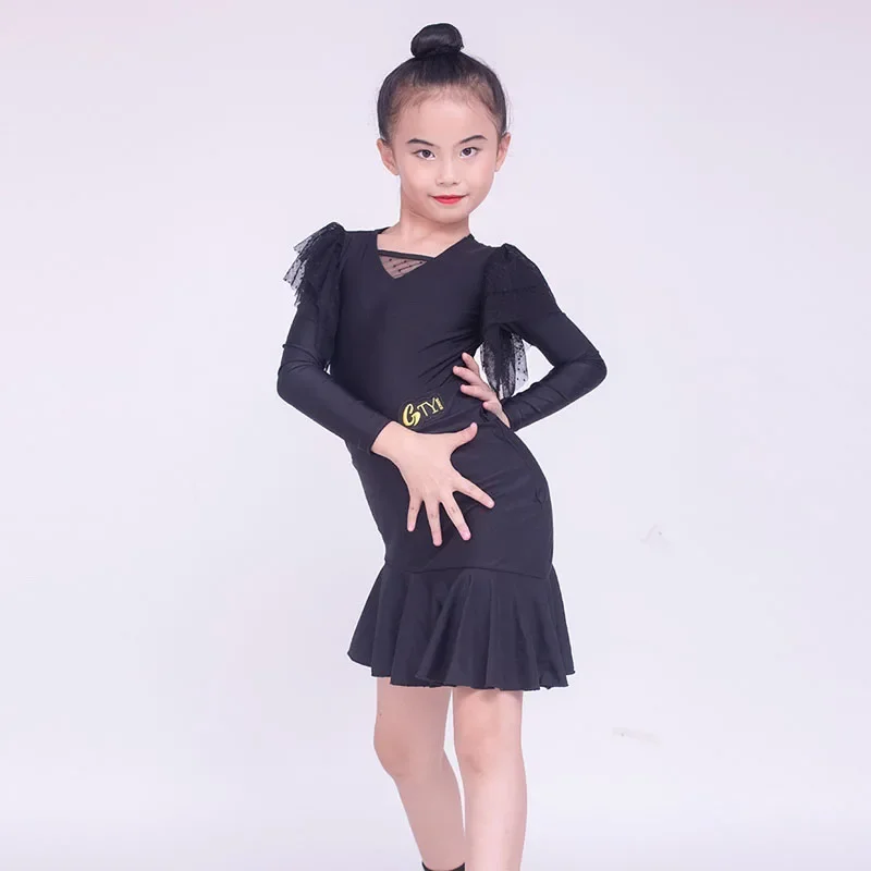 

2023 New Long Sleeve Latin Dance Suit Autumn and Winter Black Advanced Girls' Training Performance Dance Suit Set