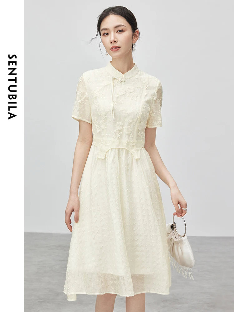 

SENTUBILA Floral Embroidery A-line Dresses 2024 Summer New Stand Collar Elegant Chinese Style Qipao Dress for Women 142L54328