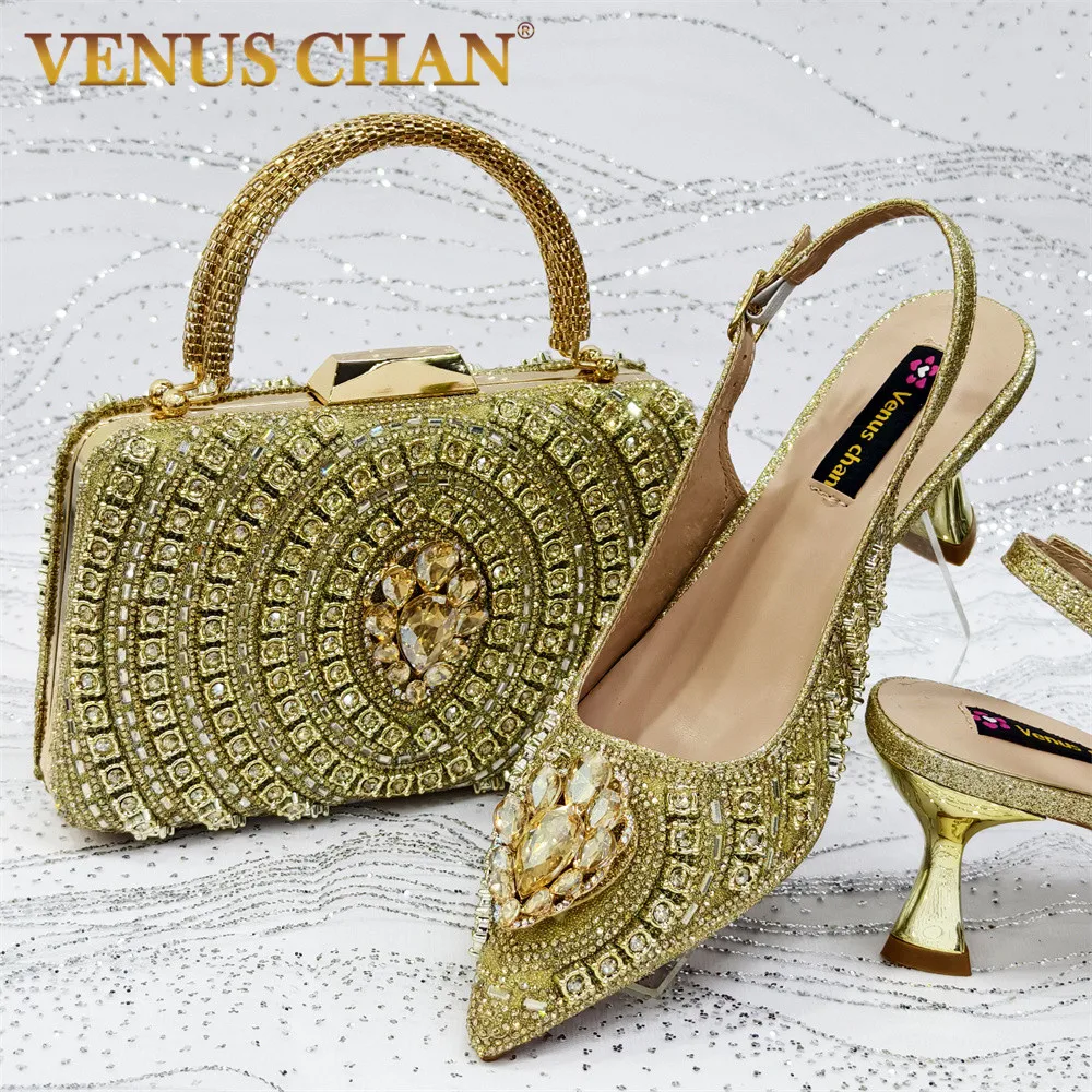 

Venus Chan, итальянская модная женская обувь из дышащей атласной ткани, золотая и сумка, вечерние сумочка со стразами