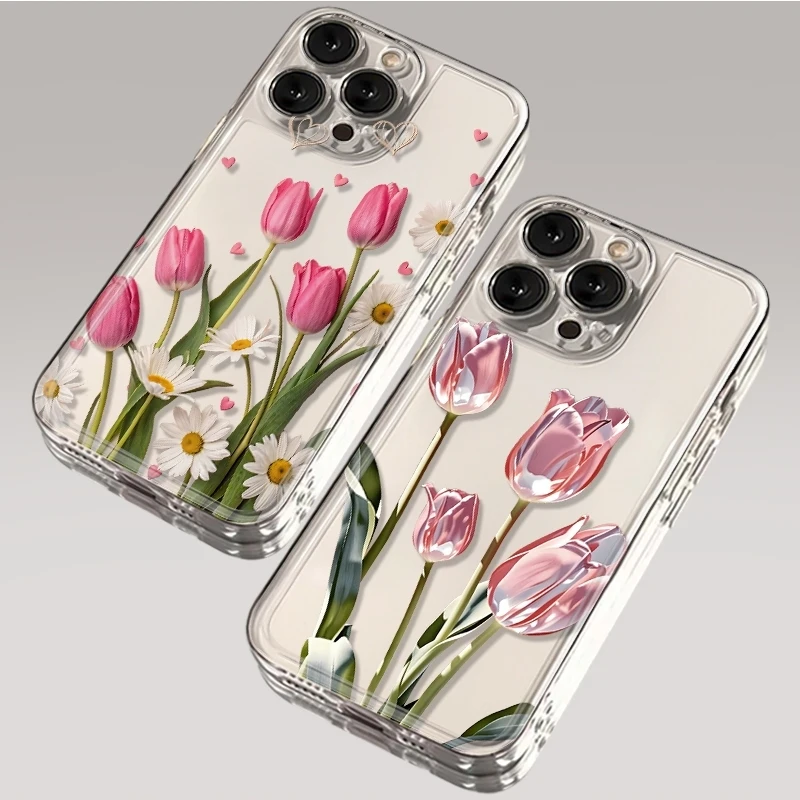 

Tulip Pattern Summer Themed Transparent Phone Case For iPhone 17 16 11 13 12 14 15 Pro Max XS XR X 8 7 Plus 17E Clear Soft Cover