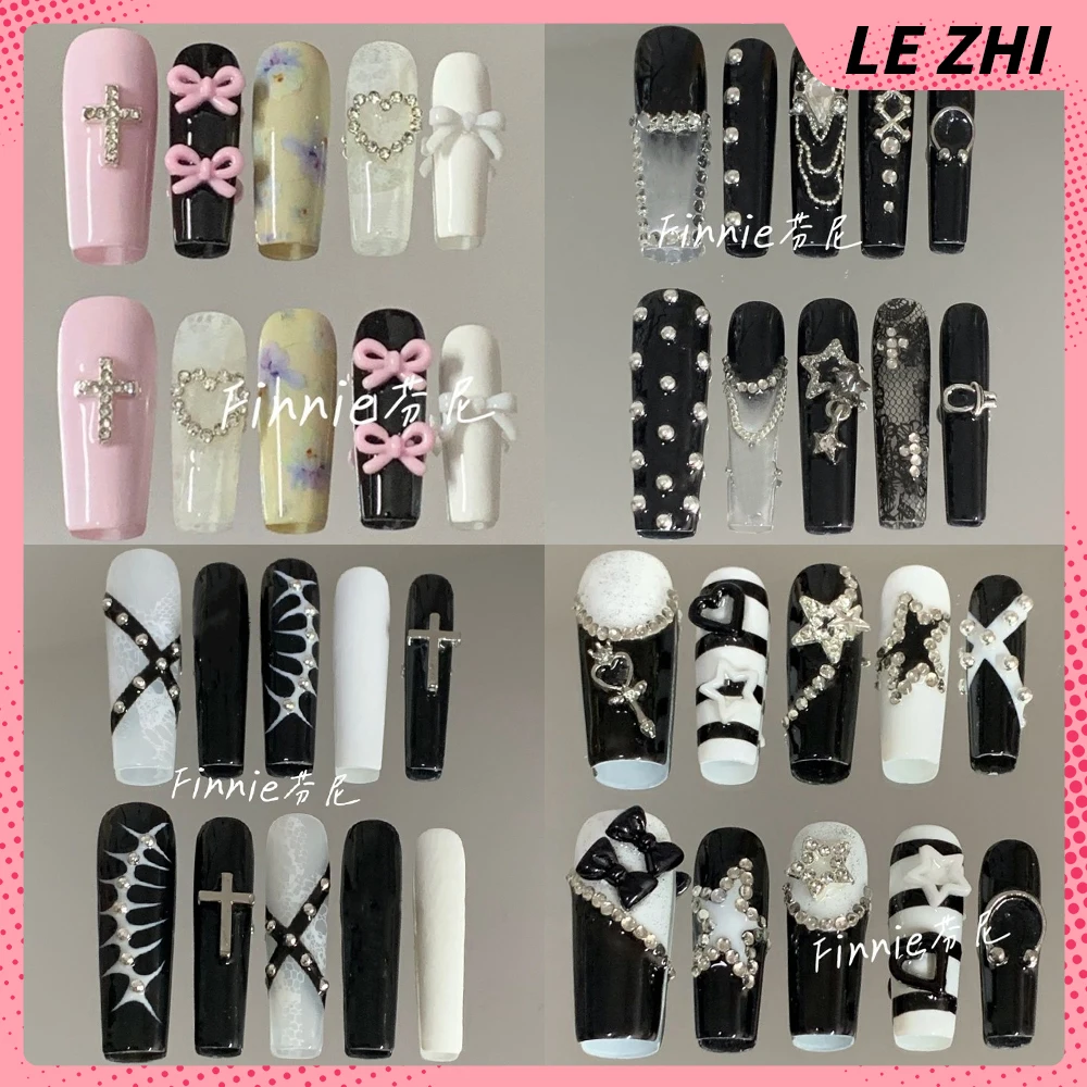 

Spicy Girl Long Coffin Handmade Bowknot Star Diamond Wearable Press On Nails Flower Butterfly Wing Polka Point Full Cover Nails