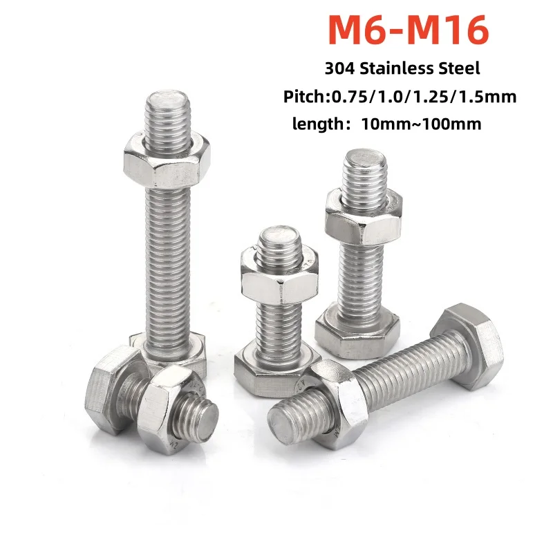 M6 M8 M10 M12 M16 304 Stainless Steel Fine Thread External Hex Hexagon Screws Nuts Combination Set pitch=0.75/1.0/1.25/1.