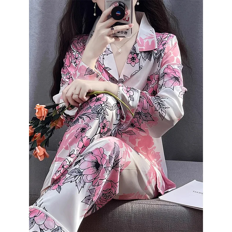 Spring Summer Ice Silk Women Pajamas Silk Stain Retro Floral Pajama Sets Lapel Pijamas Woman Long Sleeved Home Clothing