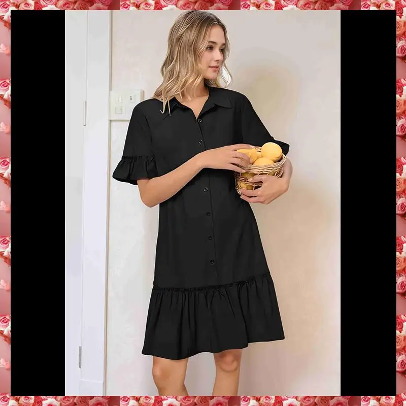 Women's Summer Button Down Shirt Dress Casual Ruffle Sleeve Shift Mini Dresses With Pockets