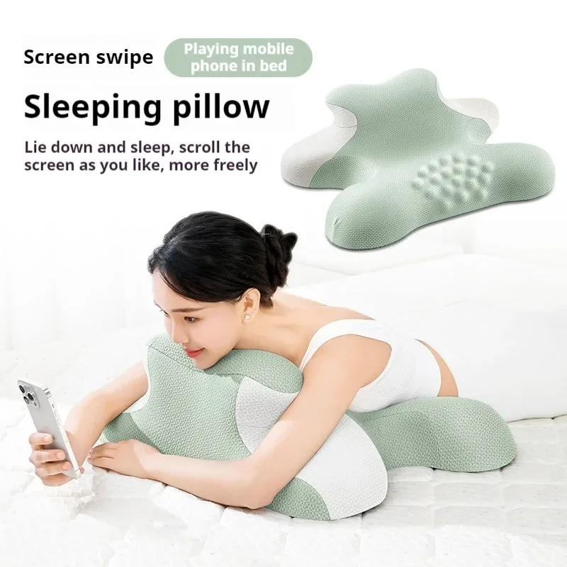 

Multifunctional Memory Foam Bed Prone Pillow for Prone Sleepers And Mobile Phone Stand for Playing Comfortably