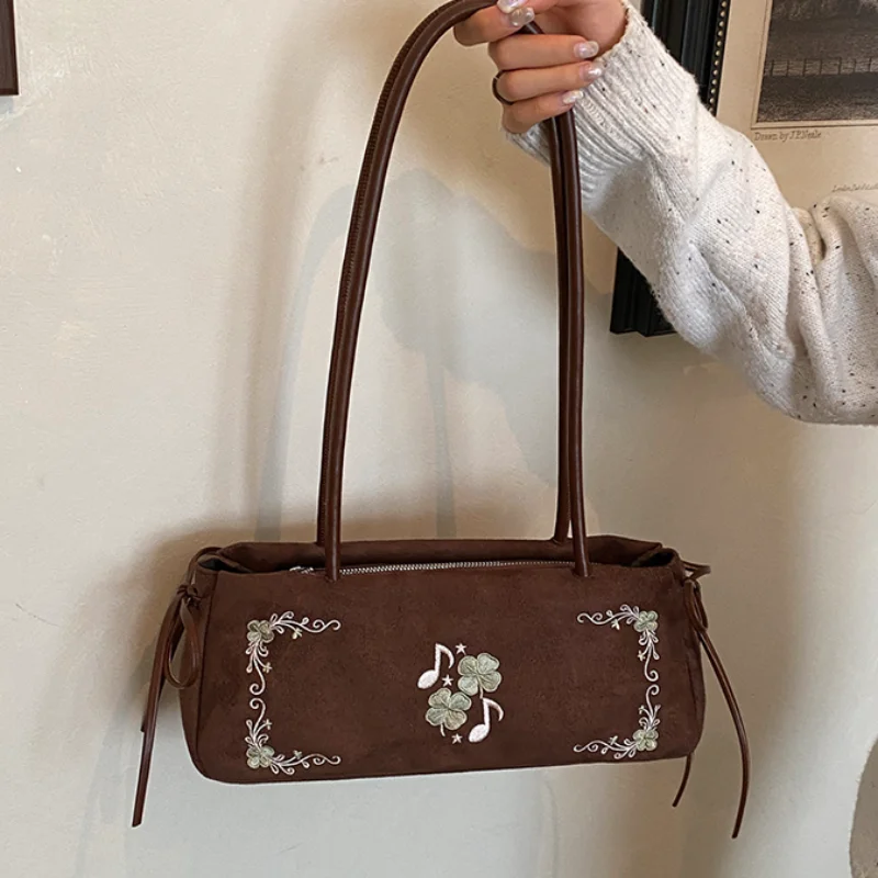 Women Elegant Retro Shoulder Bag Fashion Musical Note Flower Print Autumn Winter Handbag Exquisite Bow Decor Casual Commute Bag