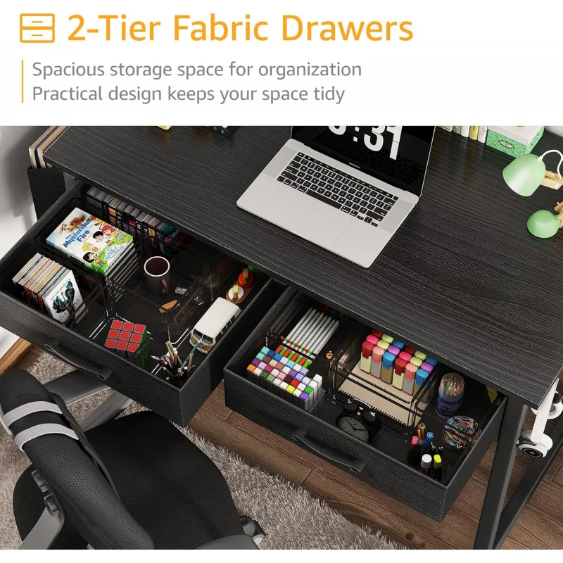 Mesa de quarto pequena de 32 polegadas com 2 gavetas de tecido: uso em jogos, estudo e PC.