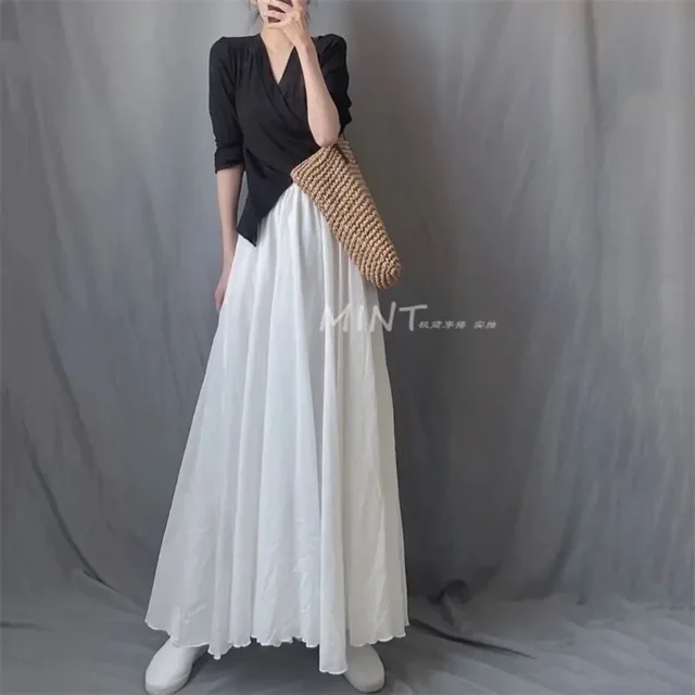 Boho Beach Women's Skirt - Linen Cotton Blend Elastic Waist Long Pleated Maxi, Vintage Summer Casual Skirt Faldas Saia 6