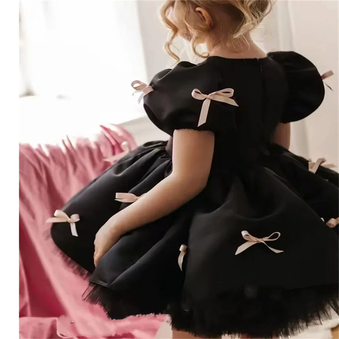 Luxurious Black Baby Girls Dresses SatinTiered Infant Girls Birthday Party Gown Christmas New Year Dress Gift 1-11Years