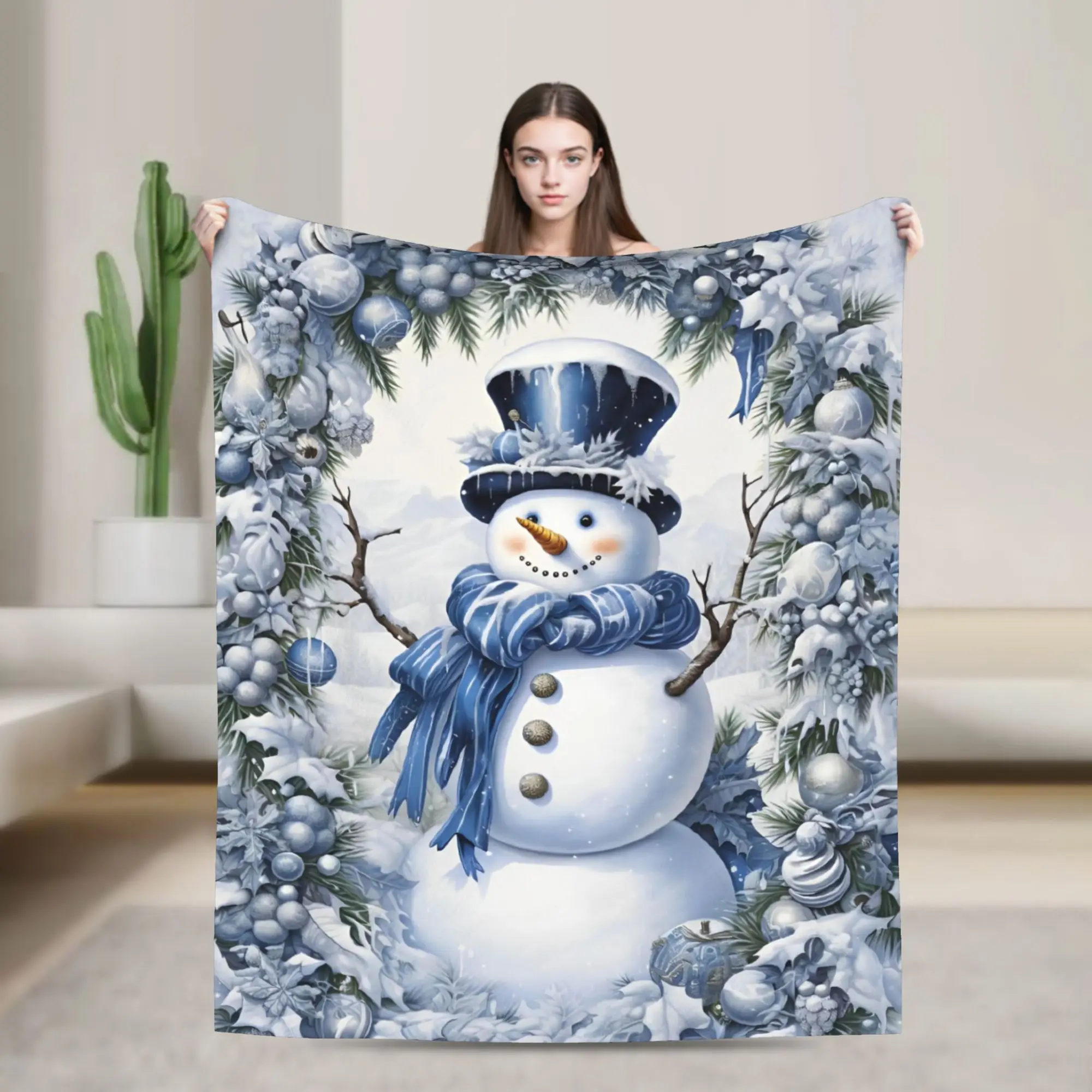 

Christmas New Year Blanket Flannel Spring/Autumn Snowman Portable Warm Throw Blankets for Bedding Car Rug Piece