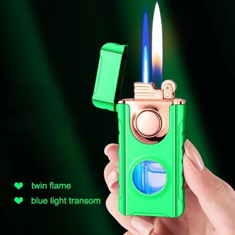 Metal Double Flame Butane Gas Lighter Creative LED Blue Light Transparent Gas Window Grinding Wheel Ignition Smoke Accessories