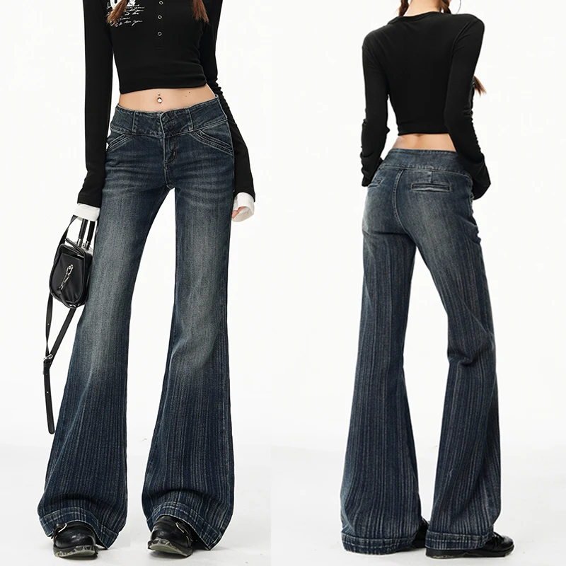 American Retro High Waist Striped Flared Jeans Women Y2K Streetwear Casual Stretchable Denim Bootcut Jeans Female