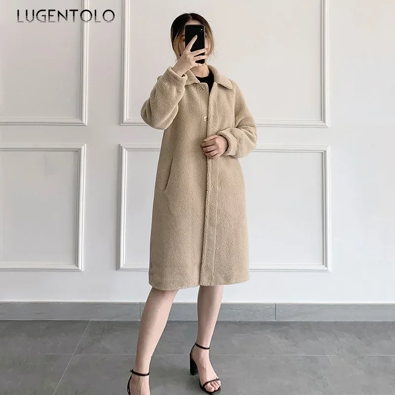 Casaco longo de pele sintética para mulheres, lapela de rua simples, roupas femininas, moda coreana, qualidade quente, elegante, outono, inverno, 2023